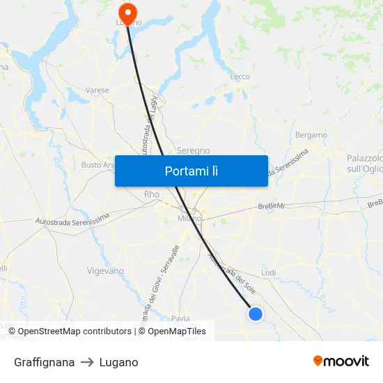 Graffignana to Lugano map