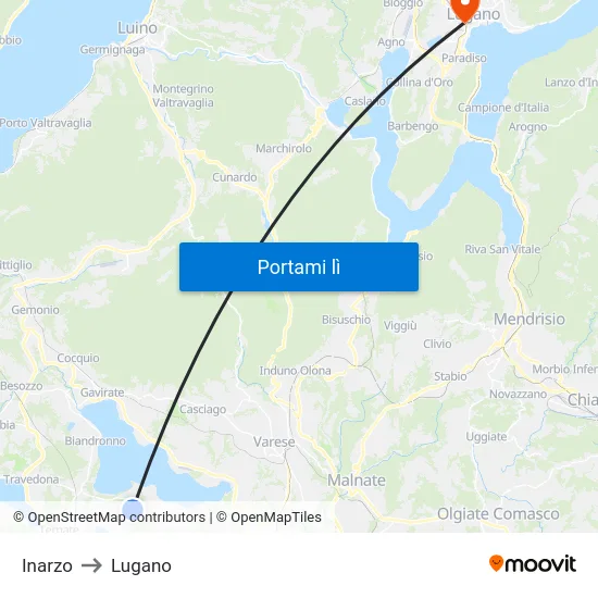 Inarzo to Lugano map
