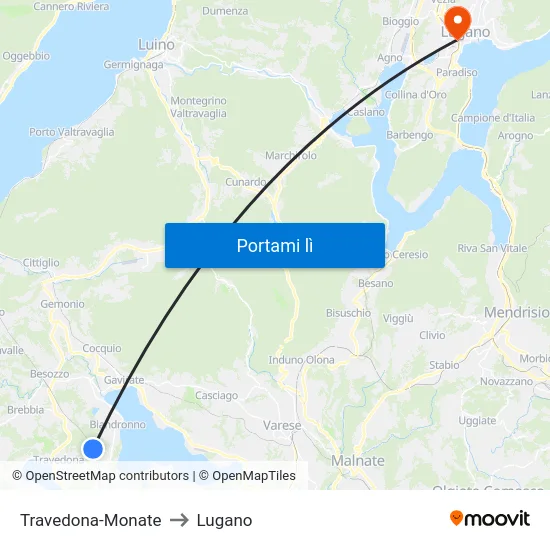 Travedona-Monate to Lugano map