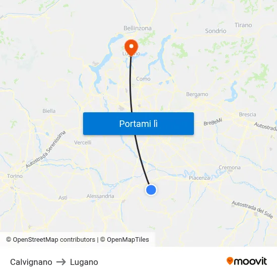 Calvignano to Lugano map