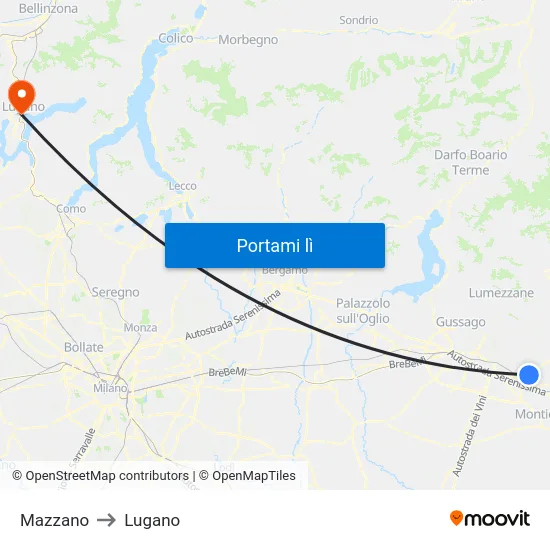 Mazzano to Lugano map