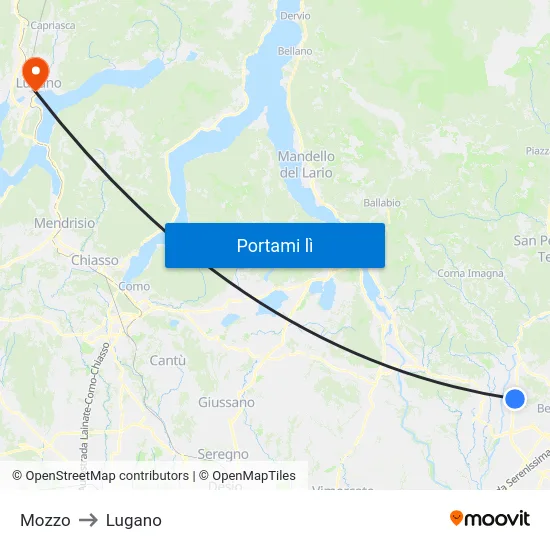 Mozzo to Lugano map
