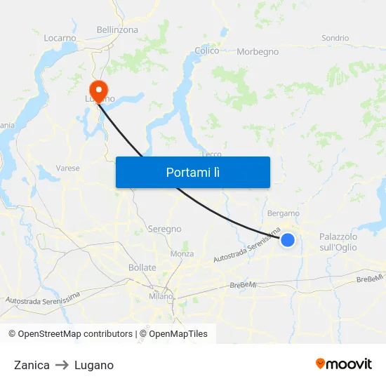 Zanica to Lugano map