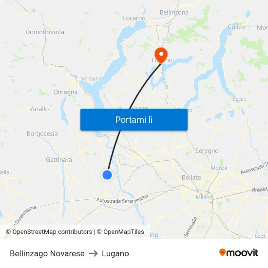 Bellinzago Novarese to Lugano map