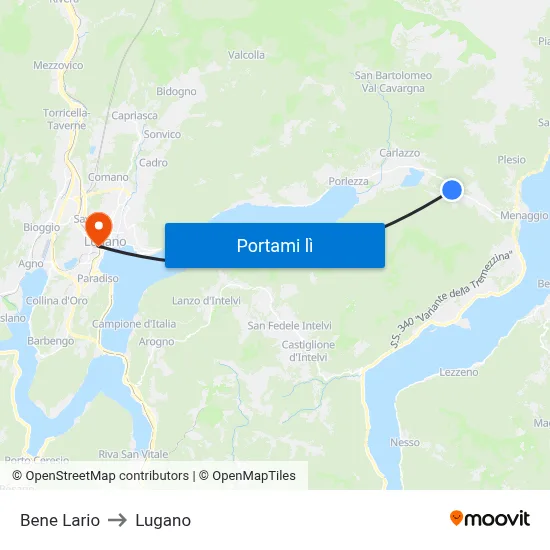 Bene Lario to Lugano map