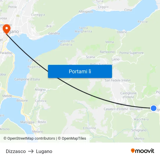 Dizzasco to Lugano map