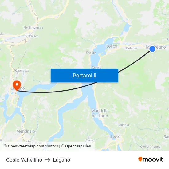 Cosio Valtellino to Lugano map