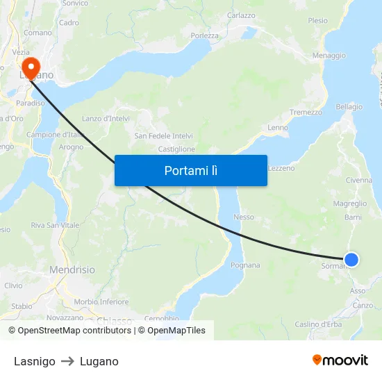 Lasnigo to Lugano map