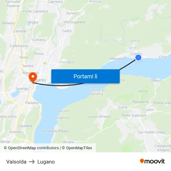 Valsolda to Lugano map