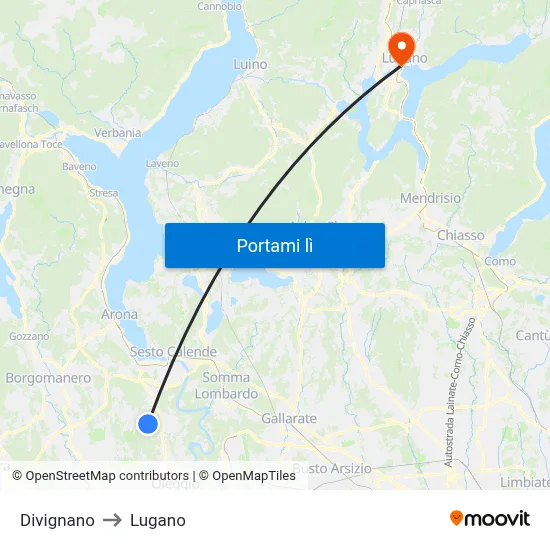 Divignano to Lugano map