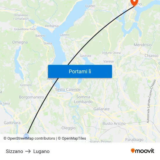 Sizzano to Lugano map