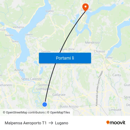 Malpensa Aeroporto T1 to Lugano map