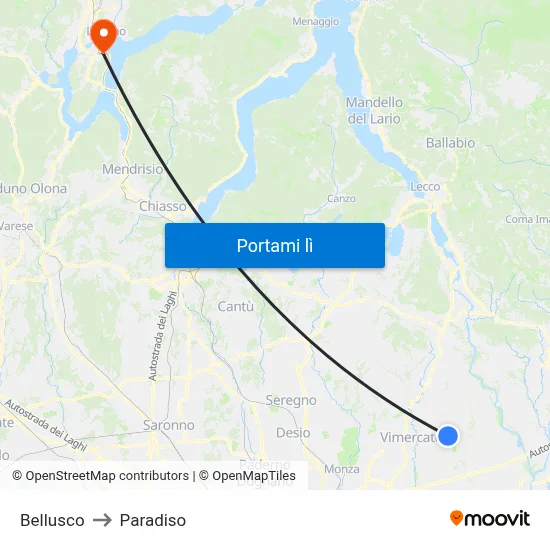 Bellusco to Paradiso map