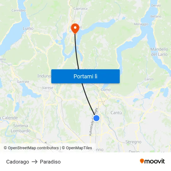 Cadorago to Paradiso map