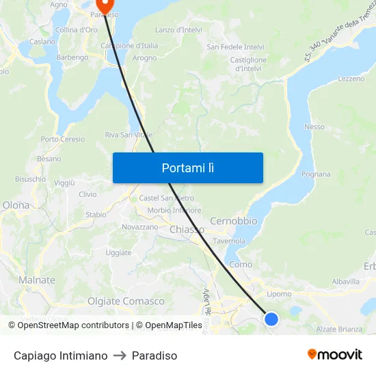 Capiago Intimiano to Paradiso map
