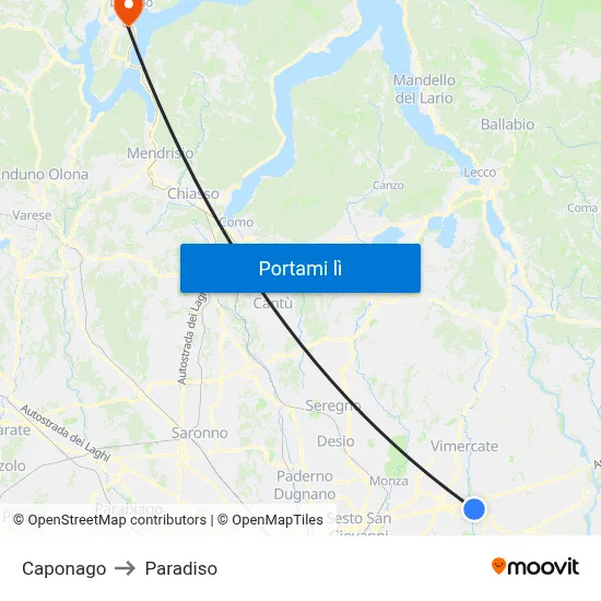 Caponago to Paradiso map