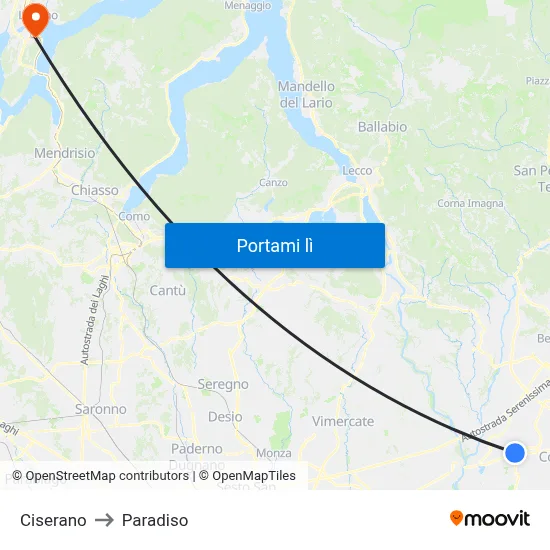 Ciserano to Paradiso map