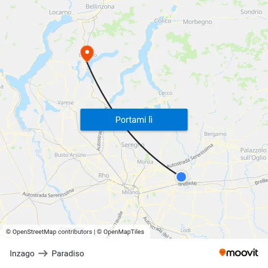 Inzago to Paradiso map