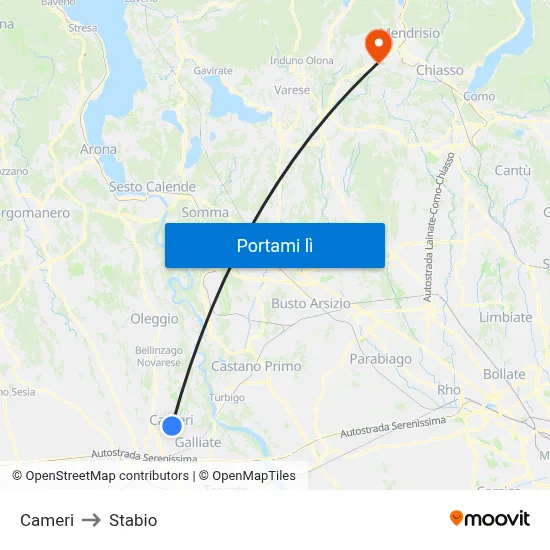 Cameri to Stabio map