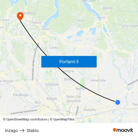 Inzago to Stabio map