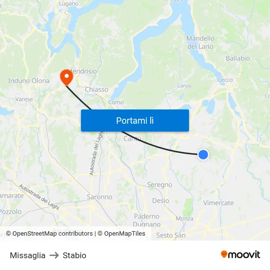 Missaglia to Stabio map