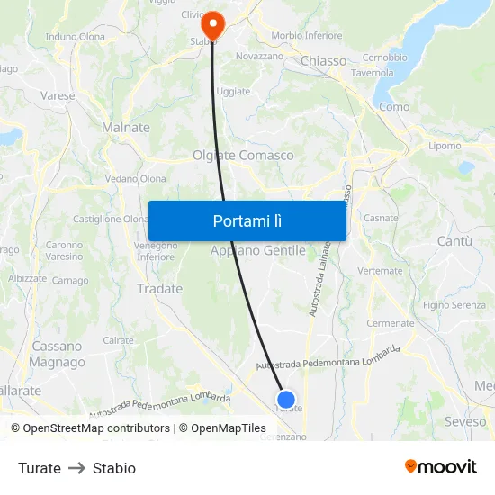 Turate to Stabio map