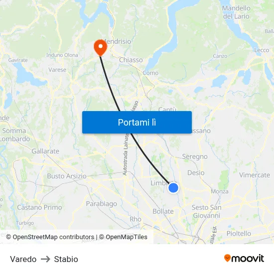 Varedo to Stabio map