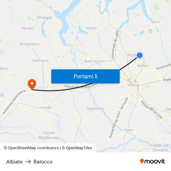 Albiate to Balocco map