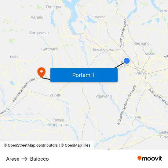 Arese to Balocco map