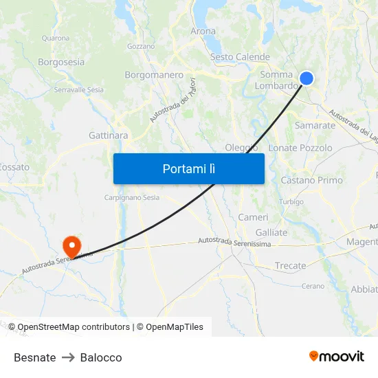Besnate to Balocco map