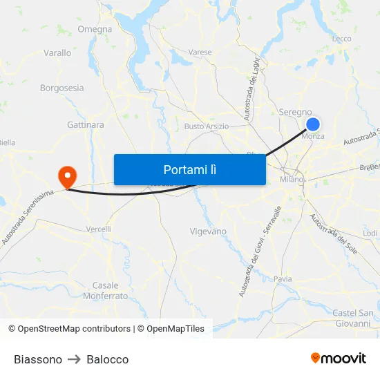 Biassono to Balocco map