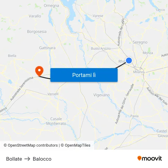Bollate to Balocco map