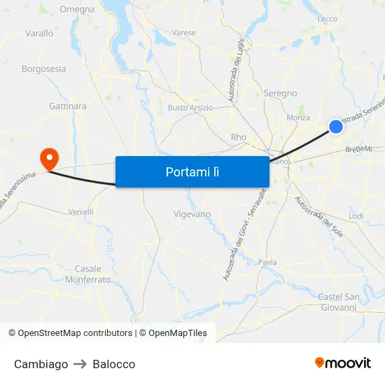Cambiago to Balocco map