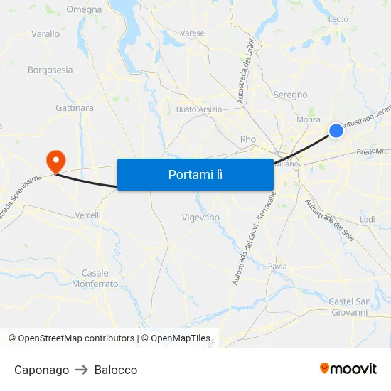 Caponago to Balocco map
