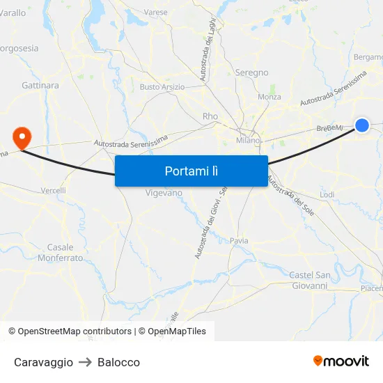 Caravaggio to Balocco map
