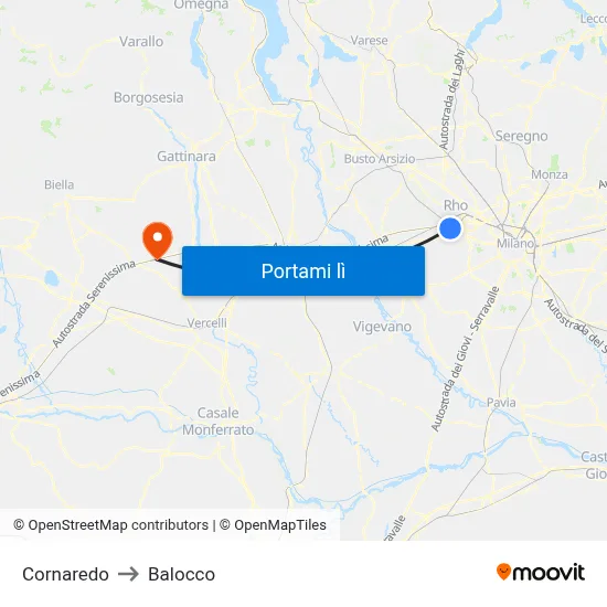 Cornaredo to Balocco map