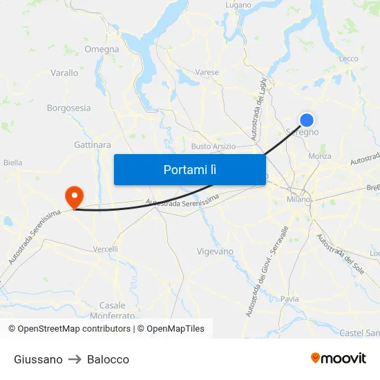 Giussano to Balocco map