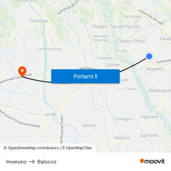 Inveruno to Balocco map