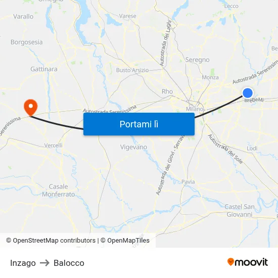 Inzago to Balocco map