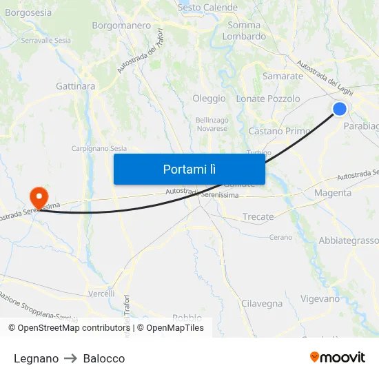 Legnano to Balocco map