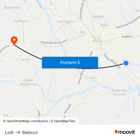 Lodi to Balocco map