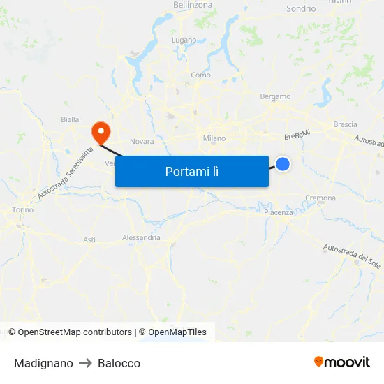 Madignano to Balocco map