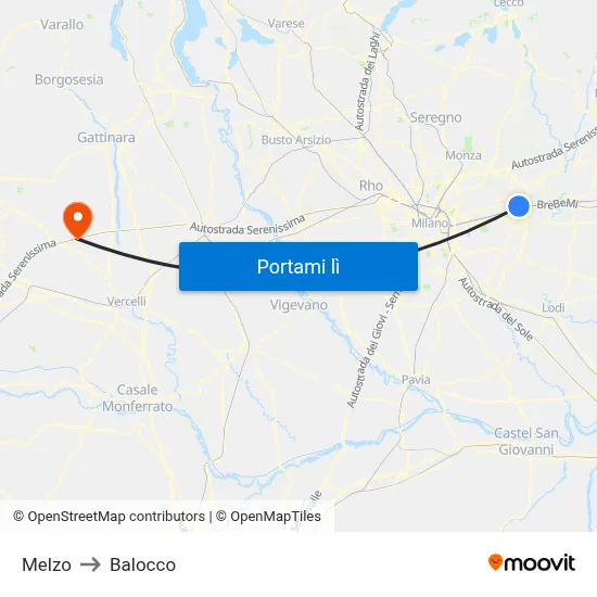 Melzo to Balocco map