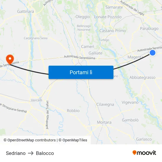 Sedriano to Balocco map