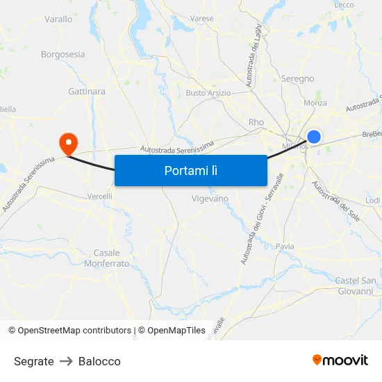 Segrate to Balocco map