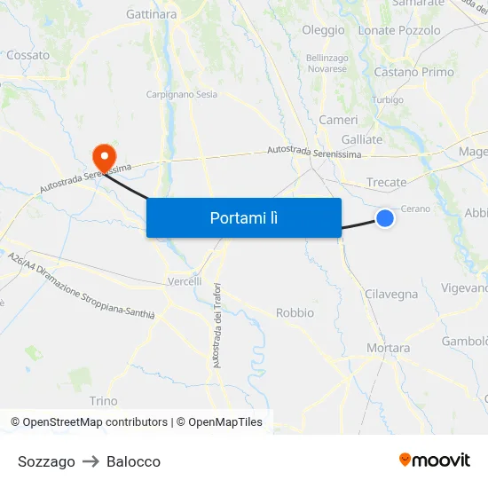 Sozzago to Balocco map