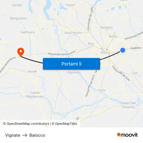 Vignate to Balocco map