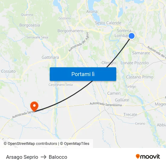 Arsago Seprio to Balocco map