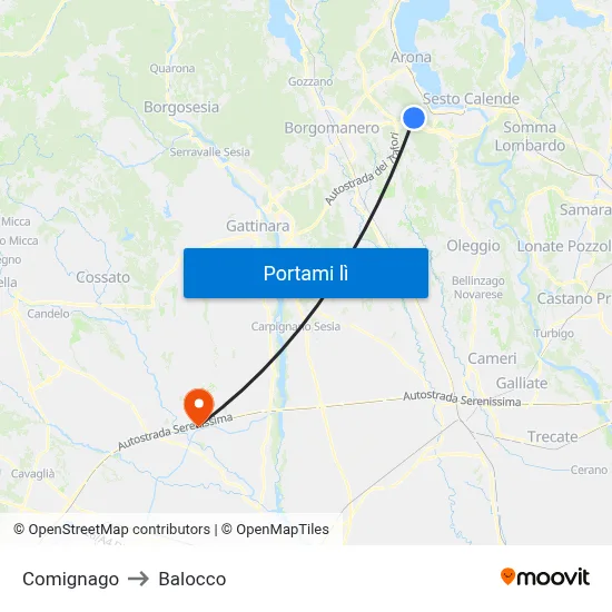 Comignago to Balocco map