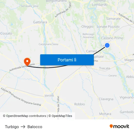 Turbigo to Balocco map